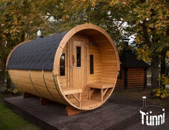 Fasssauna 3.5m Länge, Ø 2.2m, Saunafass; Fasssauna; Gartensauna; Aussensauna; Faßsauna; Saunahaus; Saunafass Schweiz; Fasssauna kaufen; Sauna Holzofen; Sauna Beratung; fasssauna mit holzofen; Saunafass kaufen; außensauna kaufen; Saunaofen; Finnische Sauna