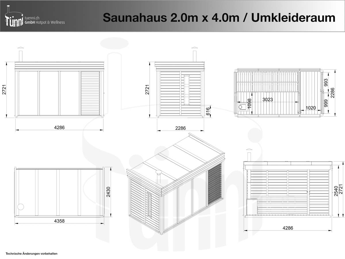 Zeichnung: Saunahaus 2.0m x 4.0m mit Umkleideraum
