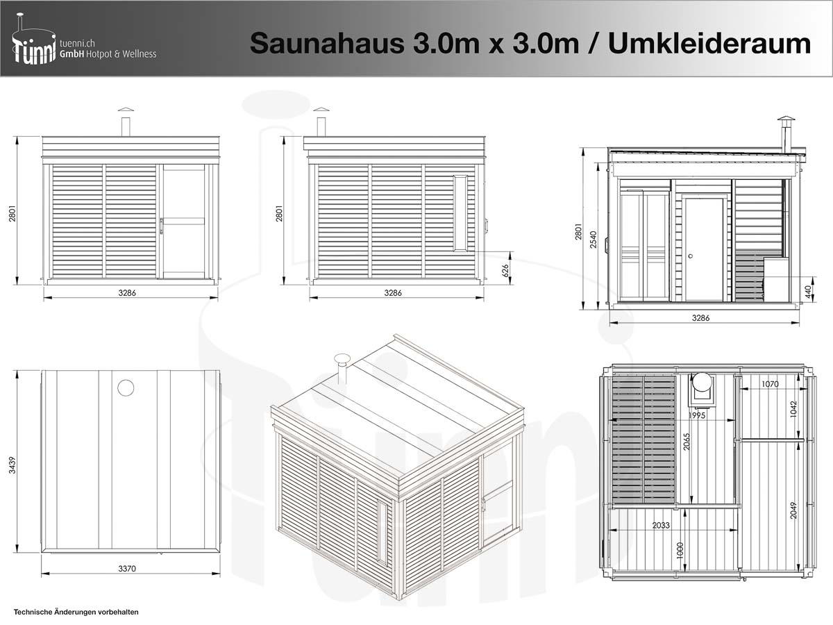 Zeichnung: Saunahaus 3.0m x 3.0m mit Umkleideraum Zeichnung: Saunahaus 3.0m x 3.0m mit Umkleideraum