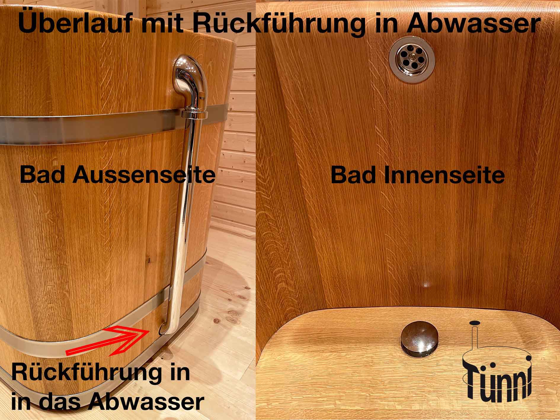 Ofuro Holzbadew Ofuro Holzbadewanne Überlauf mit Rückführung in Abwasser